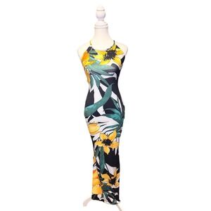 Backless Tropical Floral Ruched Maxi Dress – Women's S